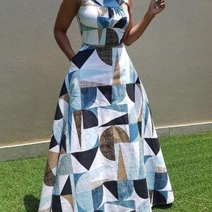 Elegant Abstract Maxi Dress in Blue and Black